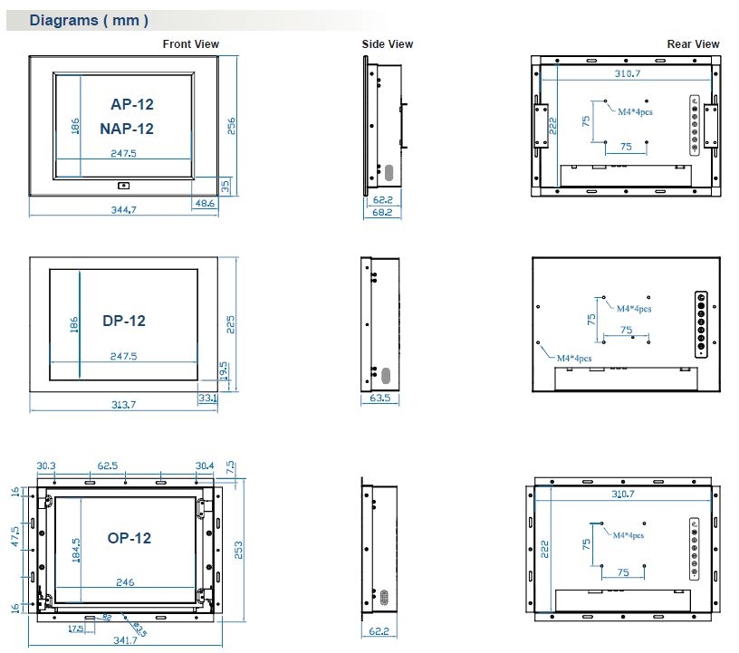 12" Industrial LCD Panel Dimensions