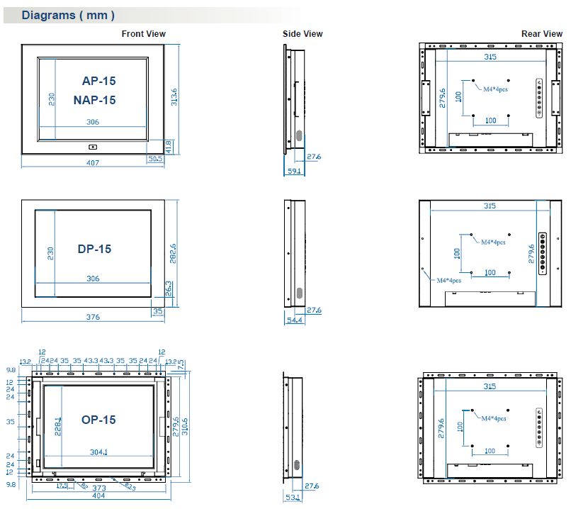 15" Industrial LCD Dimensions