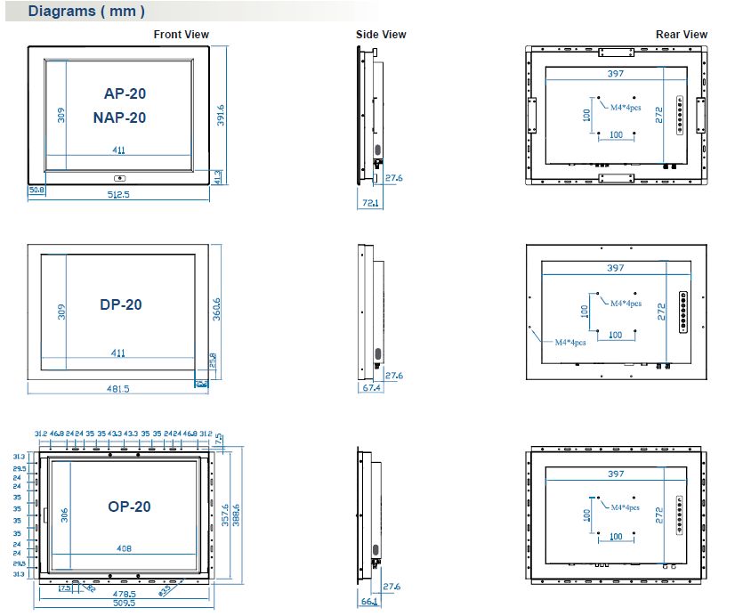 20" Industrial LCD Dimensions