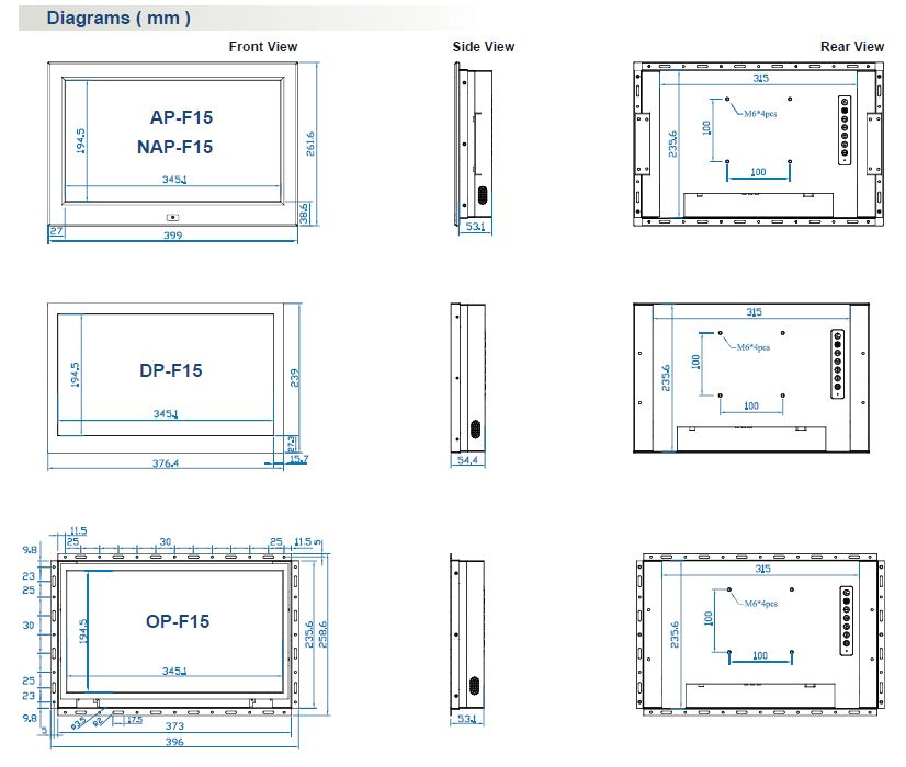 15" 1080p Industrial LCD Panel Dimensions 