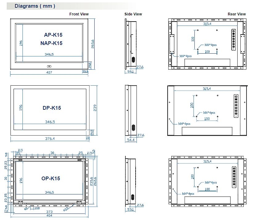 15" 4K Industrial LCD Dimensions