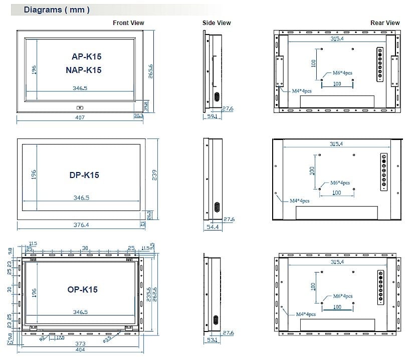 15" 4K Industrial LCD Dimensions