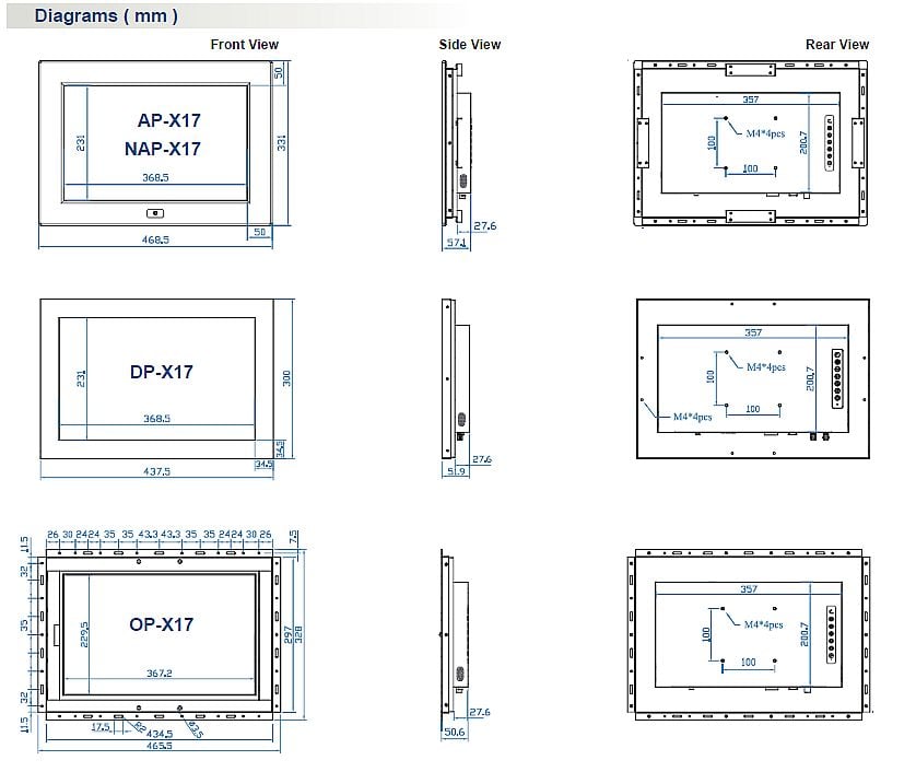 17" 1920 X 1200 Industrial Panel Dimensions