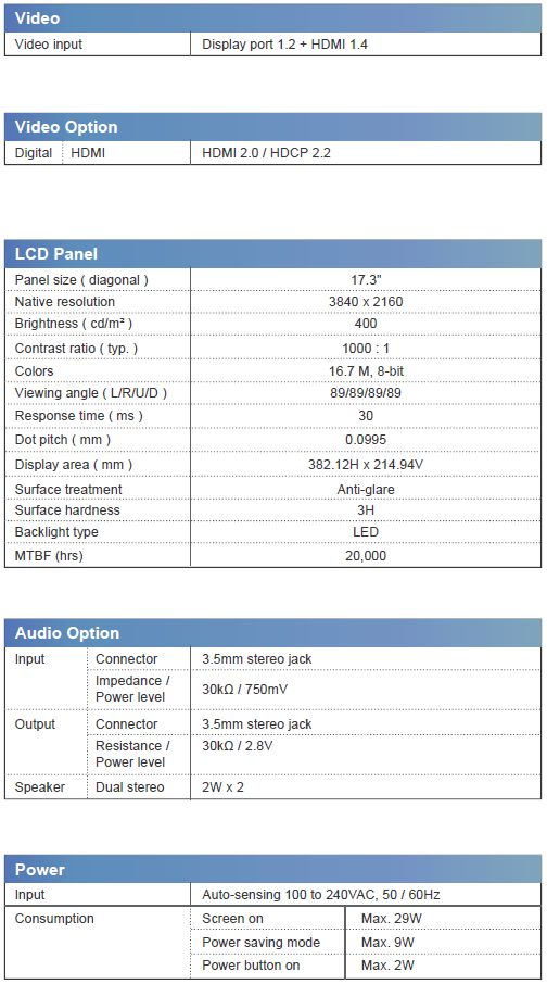 6U 4K Rackmount LCD Panel Specs