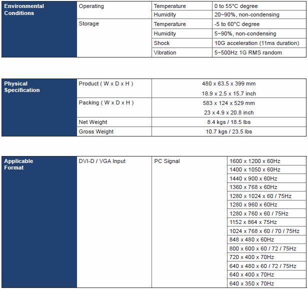 20" Rackmount LCD Panel Specs Continued