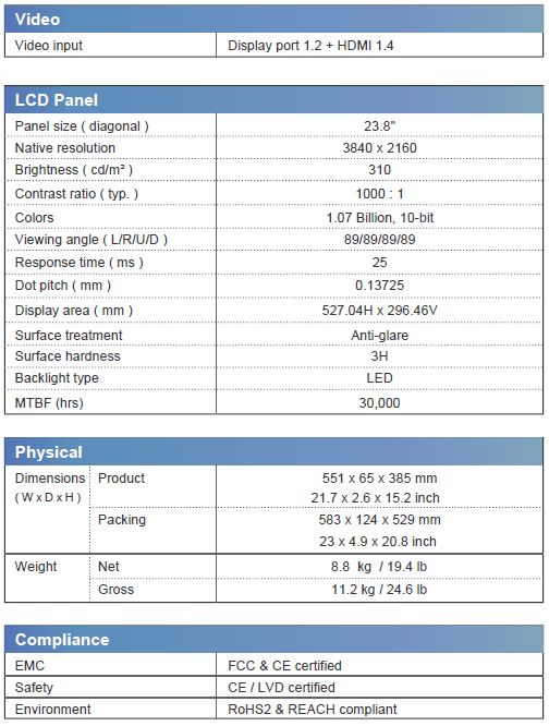 9U 24" 4K Rackmount LCD Panel Specs