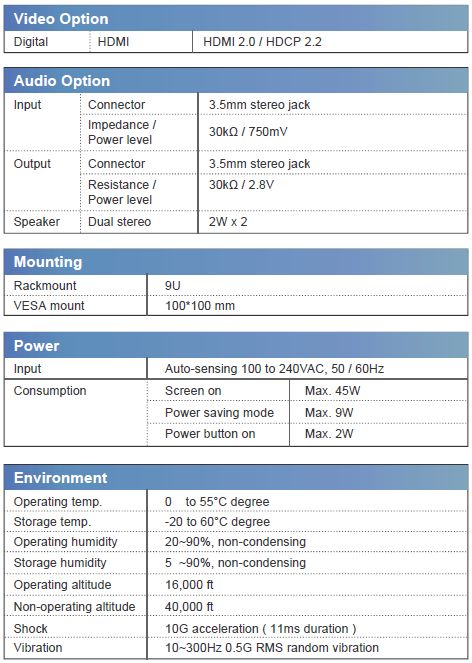 9U 24" 4K Rackmount LCD Panel Specs Cont.