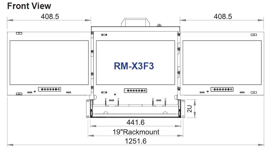 2U Triple Rackmount Monitor - 1920 X 1080 Dimensions