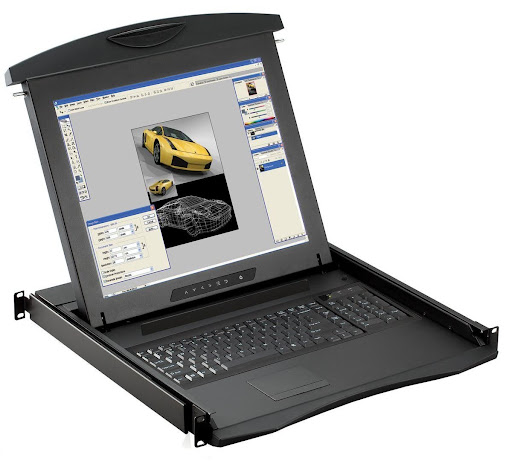 Commercial rackmount LCD display with integrated keyboard and touchpad for data centre and control room use.