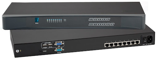 8-port KVM switch for controlling multiple rack-mounted systems from one keyboard, monitor, and mouse setup.